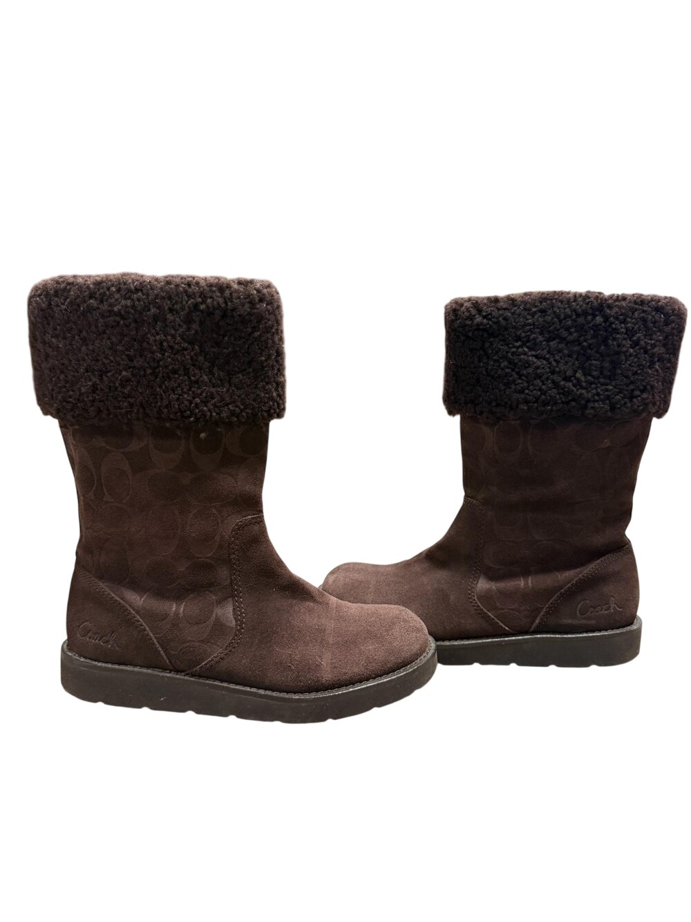 Coach Boots Womens Size 8 Brown Suede Shearling Faux Fur Mid Calf Kally monogram